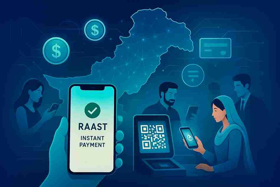 Editorial illustration of Pakistan’s digital financial transformation featuring Raast payments, QR code scanning, mobile wallets, and a connected neon network map.
