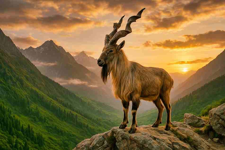 Majestic Markhor beside the Pakistan flag in a dramatic mountain landscape, illustrating why the Markhor stands as Pakistan’s national animal.
