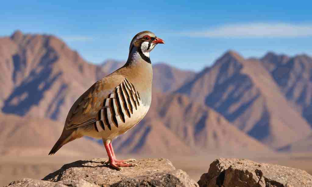 Pakistan’s national bird. Chukar Partridge on a rocky cliff with Pakistan’s flag and mountain scenery