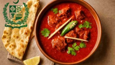 A bowl of Pakistan’s National Dish Nihari served with naan, garnished with ginger, chili, coriander, and lemon.
