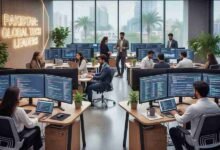 A group of young Pakistani tech professionals working on laptops in a modern digital workspace, symbolizing innovation and Pakistan’s growing technology sector.