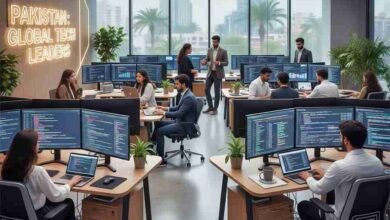 A group of young Pakistani tech professionals working on laptops in a modern digital workspace, symbolizing innovation and Pakistan’s growing technology sector.