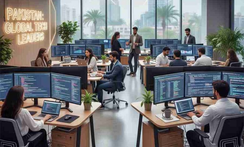 A group of young Pakistani tech professionals working on laptops in a modern digital workspace, symbolizing innovation and Pakistan’s growing technology sector.