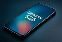 Samsung Galaxy S26 smartphone showcasing sleek metallic body and glowing display on a dark background