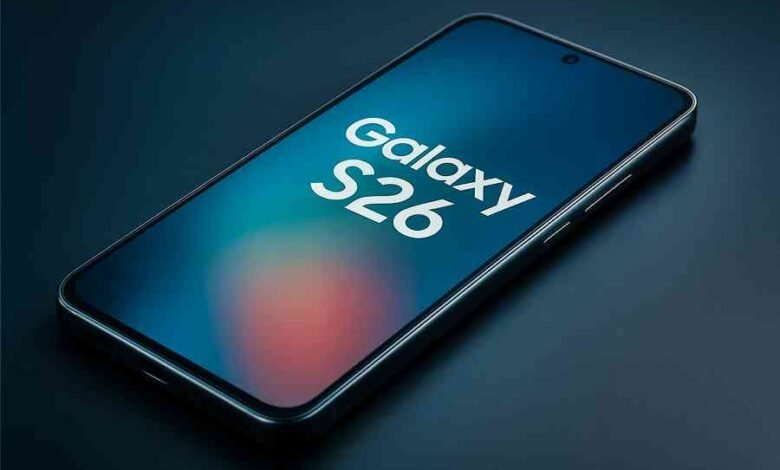 Samsung Galaxy S26 smartphone showcasing sleek metallic body and glowing display on a dark background