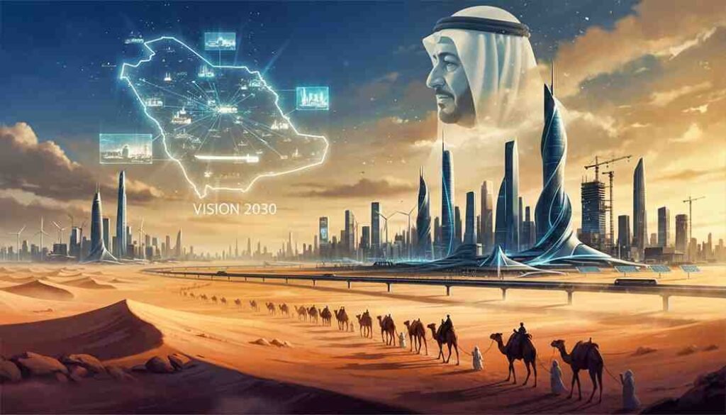 Artwork depicting the rise of modern Saudi Arabia, combining historic camel caravans and ancient towns with futuristic Riyadh towers, renewable energy sites, and the kingdom’s evolving identity.