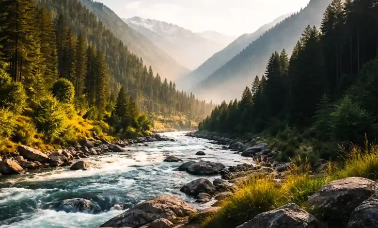Golden sunrise over the Swat River flowing through Swat Valley, with pine forests and layered mountains in the background.