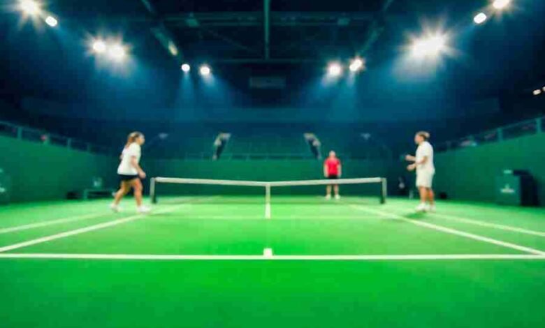 Tennis players competing on a bright green court under modern stadium lights.