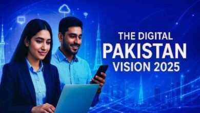A young Pakistani man and woman using a laptop and smartphone against a futuristic digital cityscape, symbolizing innovation and the Digital Pakistan Vision 2025.