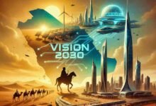 Illustration showing the rise of modern Saudi Arabia with historical desert scenes, King Abdulaziz silhouette, and modern Riyadh skyline representing national transformation.