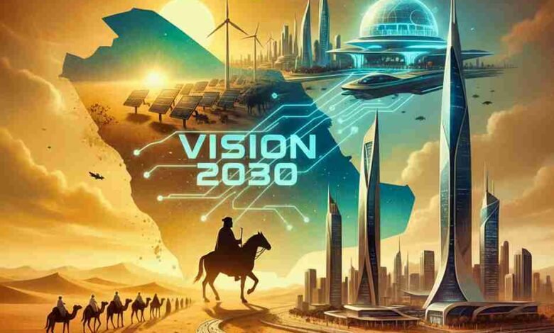 Illustration showing the rise of modern Saudi Arabia with historical desert scenes, King Abdulaziz silhouette, and modern Riyadh skyline representing national transformation.