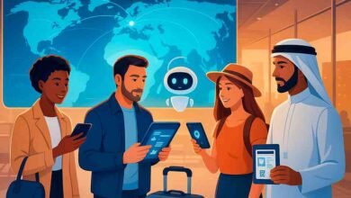 Diverse travelers using smart devices and AI assistants at a futuristic airport, symbolizing Travel Smart in 2026 with technology and innovation.