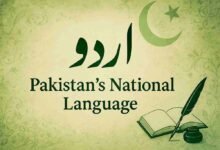 Modern Urdu calligraphy design representing Urdu Pakistan’s National Language with pen, ink pot, and cultural motifs