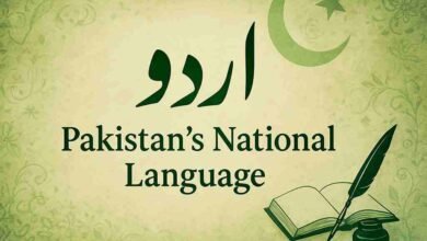 Modern Urdu calligraphy design representing Urdu Pakistan’s National Language with pen, ink pot, and cultural motifs