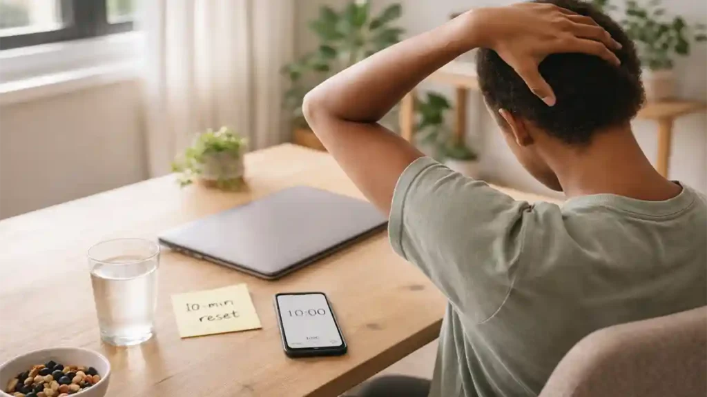 Person doing a neck-and-shoulder stretch at a desk with a 10 minute timer, water glass, and “10-min reset” note near a closed laptop.