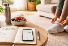 Person tying sneakers beside a 10 minute wellness habits checklist with a 10-minute timer, water bottle, and healthy snack in a sunlit room.
