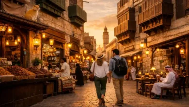 First-time travelers walking through Al-Balad, Jeddah at sunset with historic coral-stone buildings, rawasheen balconies, and market stalls.