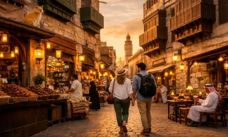 First-time travelers walking through Al-Balad, Jeddah at sunset with historic coral-stone buildings, rawasheen balconies, and market stalls.