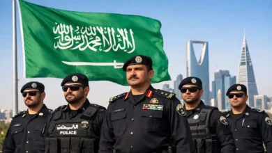 Saudi police officers standing in formation with the Saudi flag and Riyadh skyline, symbolizing Arab Police Day and the role of security in national development.