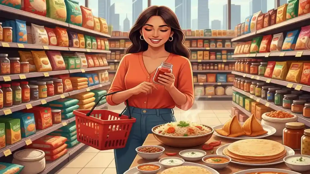 A modern Indian grocery store in Riyadh with shelves of spices, lentils, rice, and packaged foods. A woman examines a spice jar while Indian dishes like biryani, curry, dosa, and samosas are displayed on a table, with the Riyadh city skyline visible through the window.