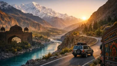 Karakoram mountains at sunrise with turquoise river, scenic road trip, Mughal-style arch and truck art symbolizing Pakistan travel 2026