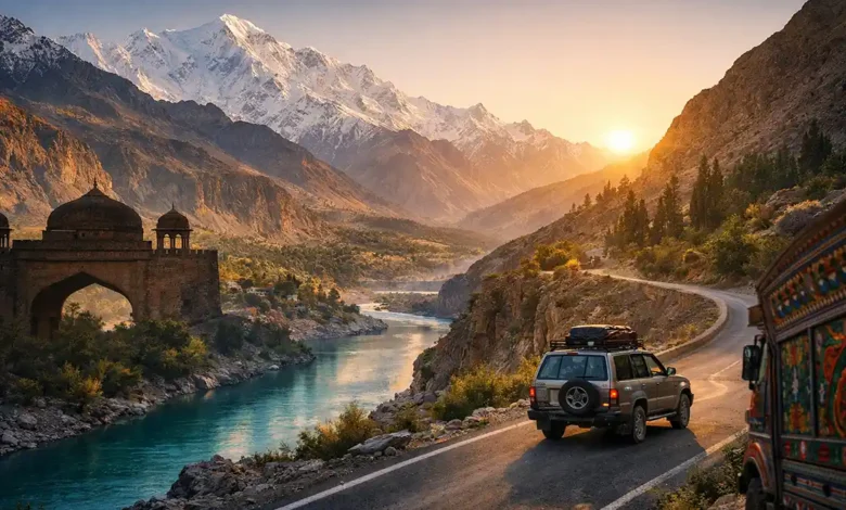 Karakoram mountains at sunrise with turquoise river, scenic road trip, Mughal-style arch and truck art symbolizing Pakistan travel 2026