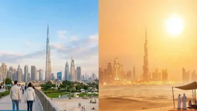 Dubai skyline featuring Burj Khalifa with a split-season design showing winter’s pleasant weather and summer’s intense heat, representing the best time to visit.