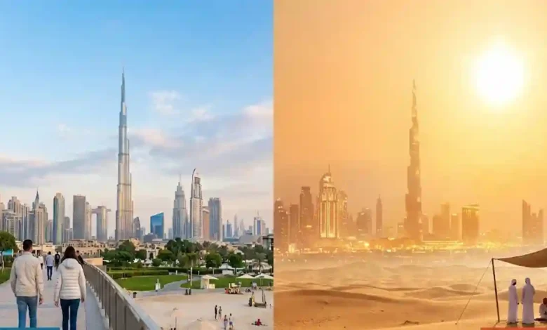 Dubai skyline featuring Burj Khalifa with a split-season design showing winter’s pleasant weather and summer’s intense heat, representing the best time to visit.