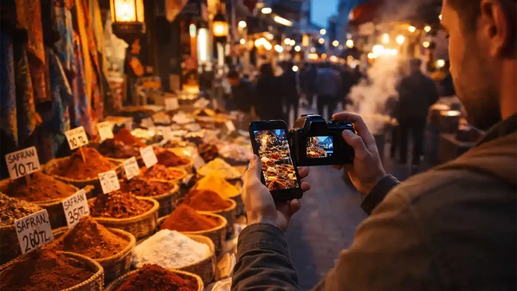 Traveler photographing a colorful spice market at blue hour with a camera and smartphone, using warm lantern light for stunning travel photography.