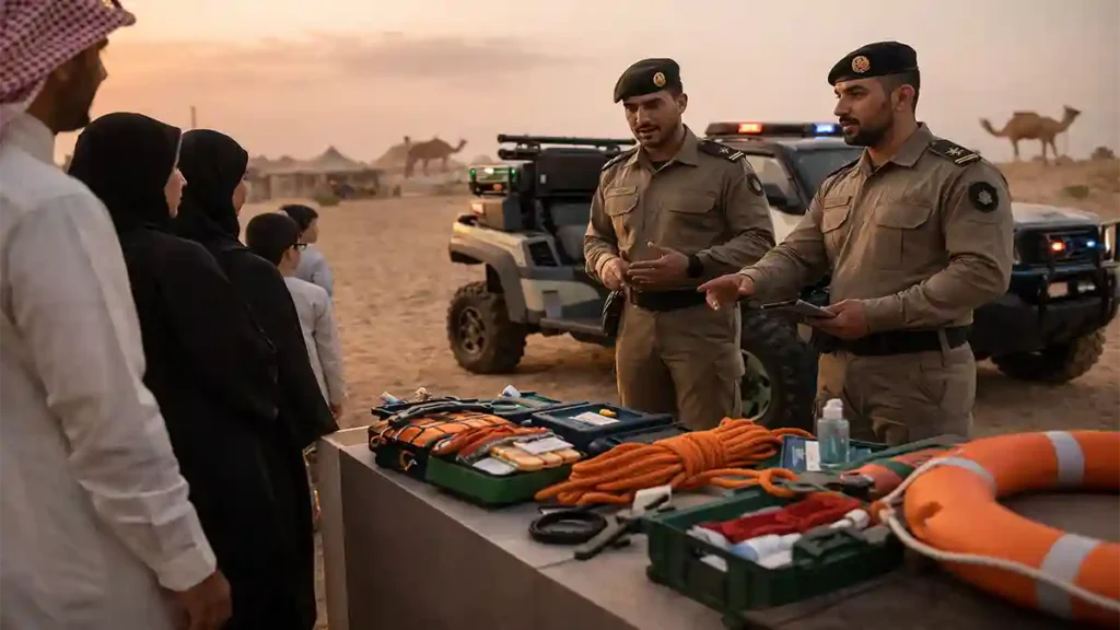 Saudi Border Guard responders explain rescue equipment to visitors at the Security Oasis exhibition during the King Abdulaziz Camel Festival in Al-Sayahid.