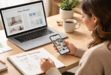A woman planning an effective online brand on a laptop and phone, sketching brand strategy in a notebook at a bright modern desk.