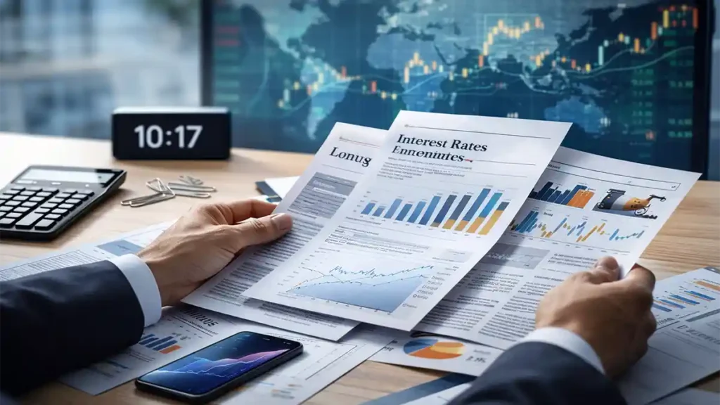 Business news today image of professional hands reviewing financial reports, smartphone market chart, and global stock screen in background.