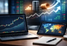 Modern business news today featured image showing laptop market charts, global heat map on tablet, notebook and coffee on desk.
