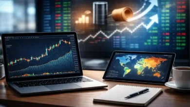 Modern business news today featured image showing laptop market charts, global heat map on tablet, notebook and coffee on desk.