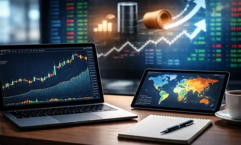 Modern business news today featured image showing laptop market charts, global heat map on tablet, notebook and coffee on desk.