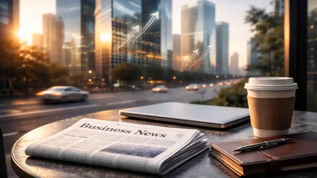 Business news today image of a modern financial district skyline at sunrise with café table, folded newspaper, notebook and coffee.