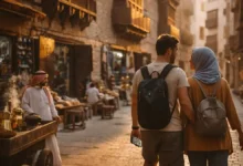 Budget travelers walking in Al-Balad, Historic Jeddah, Saudi Arabia at golden hour with local shops and a tea and dates street vendor
