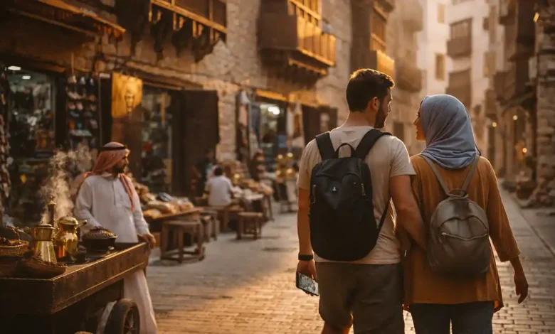 Budget travelers walking in Al-Balad, Historic Jeddah, Saudi Arabia at golden hour with local shops and a tea and dates street vendor