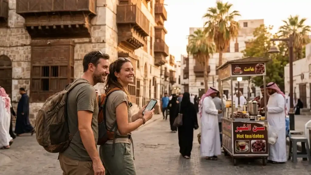 Budget traveler couple exploring Historic Jeddah Al-Balad at golden hour with local shops and a tea and dates street vendor in Saudi Arabia