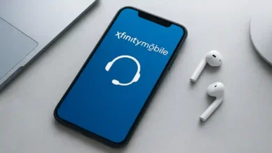Smartphone displaying Xfinity Mobile app with customer support icons on a modern desk