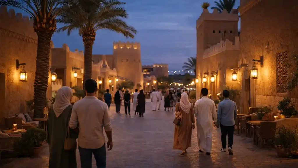 Evening walkway in Diriyah At-Turaif with traditional Najdi mud-brick buildings, lantern lights, palm trees, and visitors in Riyadh, Saudi Arabia.