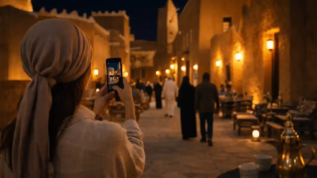 Evening view of Diriyah’s heritage architecture near Riyadh with warm lights and visitors walking, representing Saudi Arabia travel guide 2026 experiences