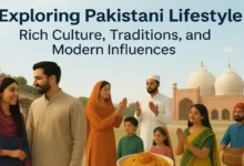 Pakistani Lifestyle - Illustration showcasing Pakistan’s cultural diversity with traditional attire, festivals, landscapes, and modern lifestyle elements.
