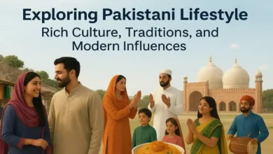 Pakistani Lifestyle - Illustration showcasing Pakistan’s cultural diversity with traditional attire, festivals, landscapes, and modern lifestyle elements.