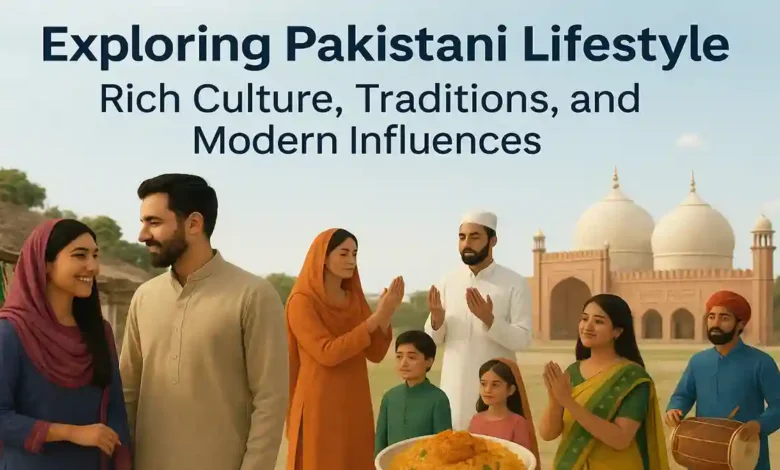 Pakistani Lifestyle - Illustration showcasing Pakistan’s cultural diversity with traditional attire, festivals, landscapes, and modern lifestyle elements.