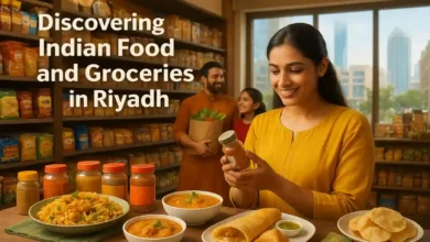 A modern Indian grocery store in Riyadh with shelves full of spices, rice, lentils, and packaged Indian foods, with plated Indian dishes like biryani and curry in the foreground.