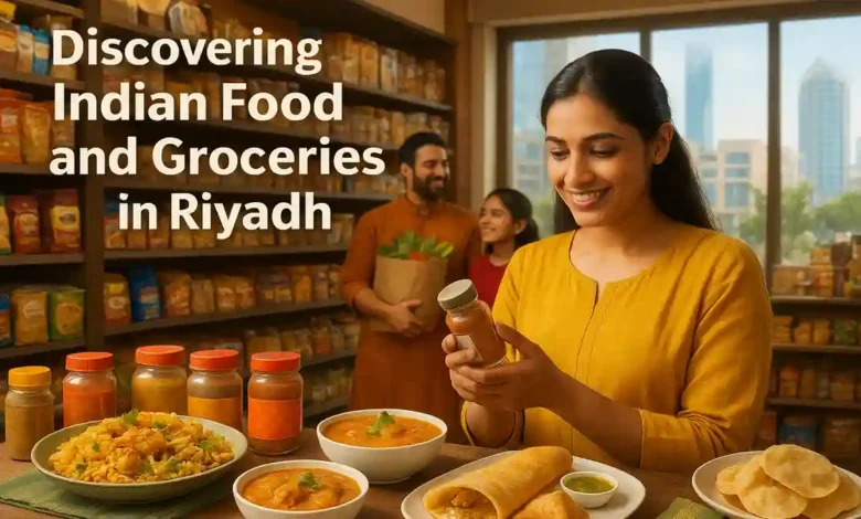 A modern Indian grocery store in Riyadh with shelves full of spices, rice, lentils, and packaged Indian foods, with plated Indian dishes like biryani and curry in the foreground.