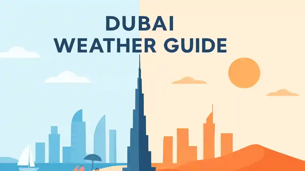 Minimal modern illustration of Dubai’s skyline symbolizing seasonal changes, with soft cool tones for winter and warm desert tones for summer.