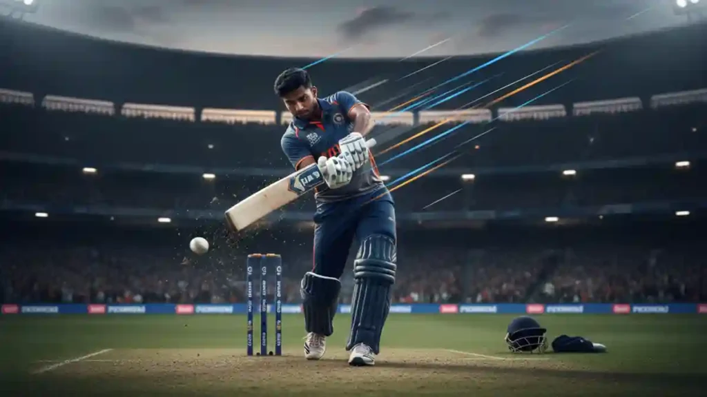 Cricket batsman swinging the bat during practice in a stadium with realistic lighting and motion effects