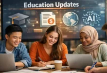 Education News Today updates shown with students studying and digital learning icons